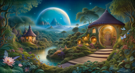 enchanted fairy forest landscape. Fantasy background. Fairy tale forest gnome house