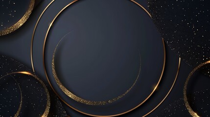 Abstract modern luxury dark blue circle shape and golden ring with gold glitter ribbon lines on dark background - obrazy, fototapety, plakaty