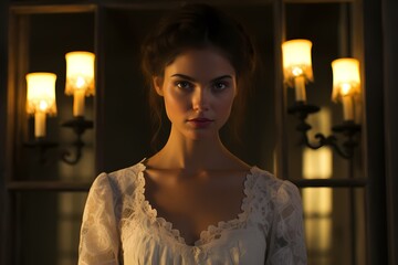 Naklejka premium Donning a vintage-inspired dress with a delicate lace collar, the model's innocent gaze captivates against a backdrop of romantic candlelight and soft shadows.