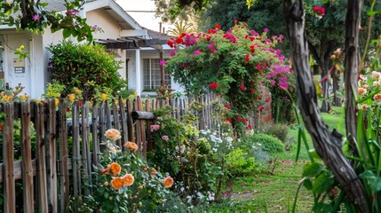 Fototapeta na wymiar Greenery in an old suburban community outside Los Angeles, California, with sprawling front yards boasting vibrant gardens filled with roses, daisies, and bougainvillea