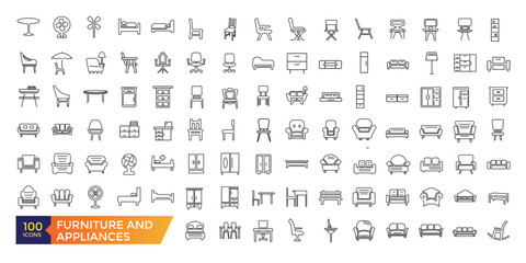 Fototapeta na wymiar Furniture and home appliances flat line icons set. Kitchen, bedroom, sofa table, bookcase closet, chair, mattress, lamps, ladder vector illustrations.