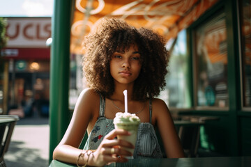 A curly-haired young African American woman enjoys a frappe at a vibrant sidewalk cafe setting.
 - Powered by Adobe