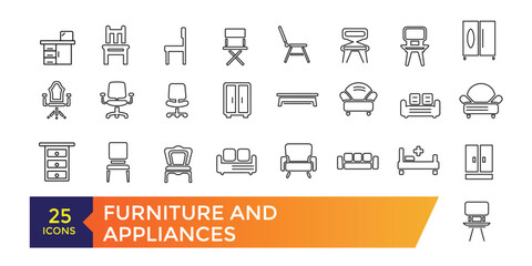 Furniture and home appliances flat line icons set. Kitchen, bedroom, sofa table, bookcase closet, chair, mattress, lamps, ladder vector illustrations.