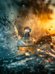 a bottle of perfume with yellow liquid in the rays of the setting sun in sea water with waves against the backdrop of the setting sun. Vertical frame.