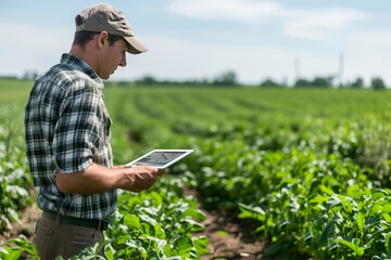 Field engineer on a farm. Engineer is overlooking the crops at the field. It is a bright sunny day. We see him from his side. He has a tablet device on his hand.