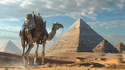 In the vast desert a robot camel and tour guide uncover the secrets of ancient pyramids blending history with future tech - obrazy, fototapety, plakaty