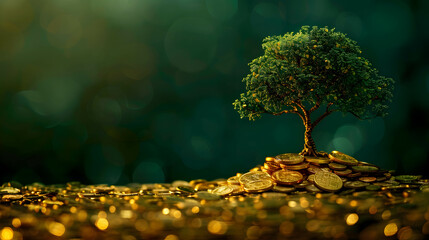 golden tree growing on pile of golden coins, business and investment growth, investment plan  for financial freedom and retirement, asset allocation management - obrazy, fototapety, plakaty