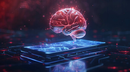 AI technology or artificial intelligence that has become a part of human life, AI helps humans work more easily, hologram brain floating out from smartphone, neural network concept
