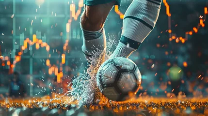 Foto op Canvas portrait of foot of a soccer player kicking a ball, investing or trading in stock or currency market background concept © Slowlifetrader