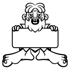Caveman wearing outfit made by animal skin and carrying a wooden signboard. Best for outline, logo, and coloring book with prehistory themes for children