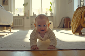 Smiling blond european toddler baby trying to crawl on the floor in sunny scandinavian interior