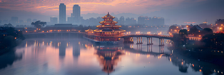 Chengdu Sichuan Bridges, Pavilions, River, and Highways,
Landscape photography of Nanjing China full frame photography 
 - obrazy, fototapety, plakaty