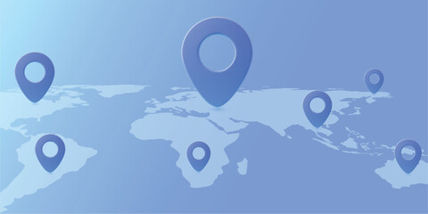 Blue 3D location point marker symbol on world map vector. Destination searching navigation icon sign illustration.