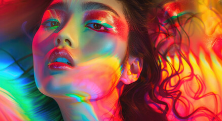 Obraz na płótnie Canvas asian rainbow girl with rainbow makeup portrait