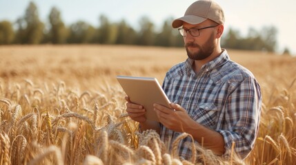 Smart farming using modern technologies in agriculture. Man agronomist farmer with digital tablet computer in wheat field using apps and internet.