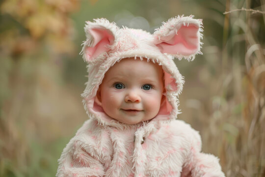 Baby with farm animal Halloween costume of a pig