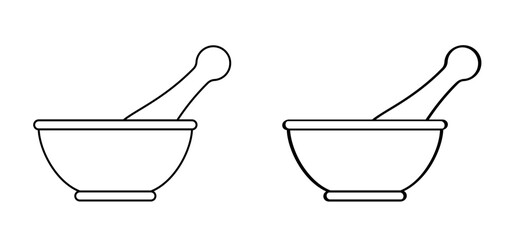 Mortar to grind herbs. Kitchenware icon. Mortars and pestle. Mixing herbal medicine icon. Pharmacy logo. Mortar and pusher for herb grinding. Medicine bowl. Healthy food, meal concept. - obrazy, fototapety, plakaty