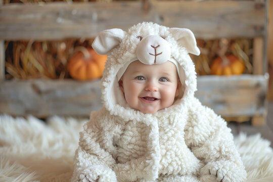Baby with farm animal Halloween costume of a sheep