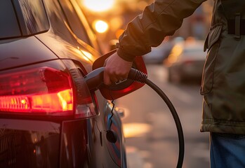 Refueling at sunset: manually pumping gasoline into a car with a glowing tail light - obrazy, fototapety, plakaty