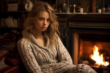 Fototapeta na wymiar Clad in a cozy sweater and leggings, the model's relaxed pose exudes comfort and ease against a backdrop of crackling fireplace flames and soft blankets.