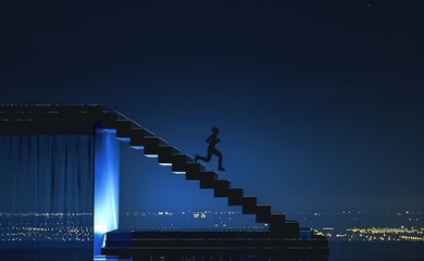Silhouette of a man climbing an illuminated staircase against the background of a night sky with city lights