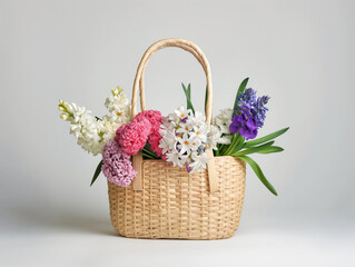 Fototapeta na wymiar Lovely straw bag adorned with hyacinth and carnation blossoms in season