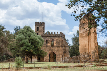 Fototapeta na wymiar Royal Fasil Ghebbi palace, Gondar fortress-city, Ethiopia. Founded by Emperor Fasilides. Imperial palace castle complex is called Camelot of Africa. African architecture. UNESCO World Heritage Site.