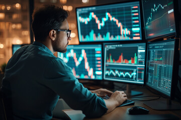 Financial analyst or traders working on computer with real-time stocks and exchange market charts