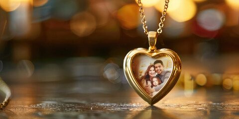 Family Memories in Heart-Shaped Locket. Sentimental open gold heart shape locket pendant displaying a family photo, cherished moment in time. - obrazy, fototapety, plakaty