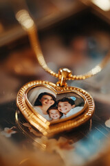 Family Memories in Heart-Shaped Locket. Sentimental open gold heart shape locket pendant displaying a family photo, cherished moment in time.