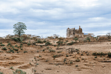 Ruins of Guzara royal palace on strategic hill near Gondar city, Ethiopia, African heritage architecture - 753071232