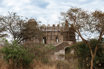 Ruins of Guzara royal palace on strategic hill near Gondar city, Ethiopia, African heritage architecture - 753071287