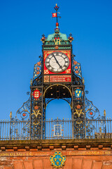 Eastgate Clock, 1897 victorian gate through the Chester city walls, on the site of the original entrance to the Roman fortress of Deva Victrix in Chester, Cheshire, England, UK - 753071414