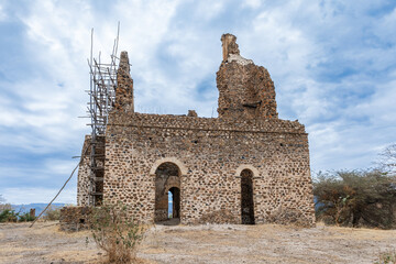 Ruins of Guzara royal palace on strategic hill near Gondar city, Ethiopia, African heritage architecture - 753071686