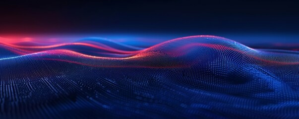 Futuristic abstract image featuring vibrant blue and red digital waves, representing a flowing particle system that could serve as a backdrop for technology events or ads. - obrazy, fototapety, plakaty