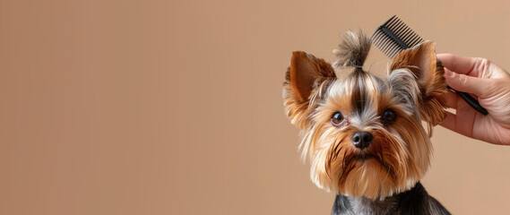 Groomed little cute Yorkshire Terrier combed with a comb on beige background with copy space. Banner template for grooming salon. - obrazy, fototapety, plakaty