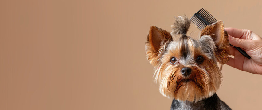 Groomed little cute Yorkshire Terrier combed with a comb on beige background with copy space. Banner template for grooming salon.