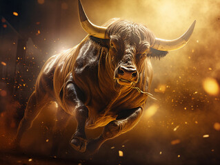 charging bull surrounded by golden_light_particles running. Stockmarket with bullmarket picture  - obrazy, fototapety, plakaty