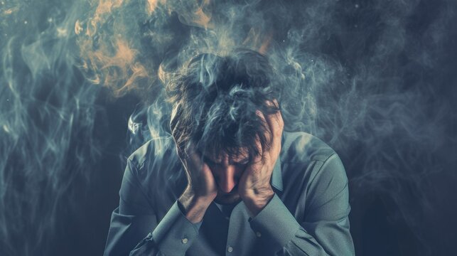Stressed businessman holding his head in front of his face with smoke