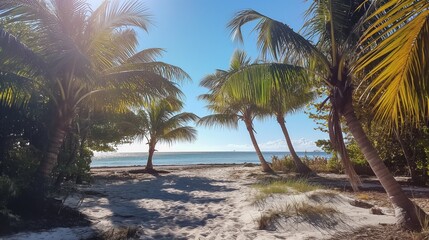 Sunlight filtering through the palm fronds, casting dappled shadows on the sandy beach beneath the expansive, clear blue sky.