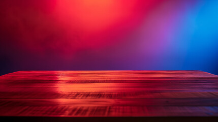 An image of a wooden table in a studio with red and blue side lighting