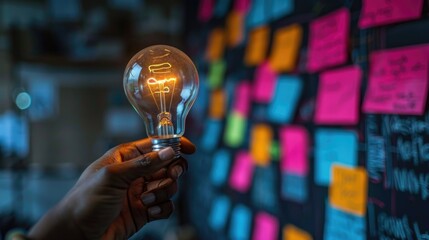 Hand Holding Glowing Light Bulb, Creative Concept.  Close-up of a hand holding a bright, glowing light bulb against a backdrop of colorful sticky notes on a brainstorming board.


