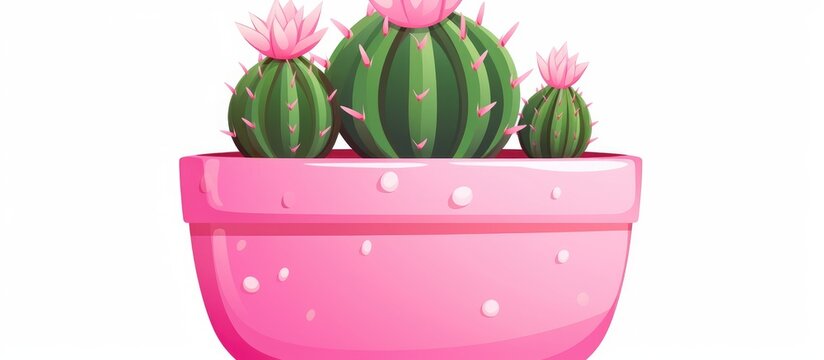 Cartoon potted cactus with spikes in a pink pot on a white background