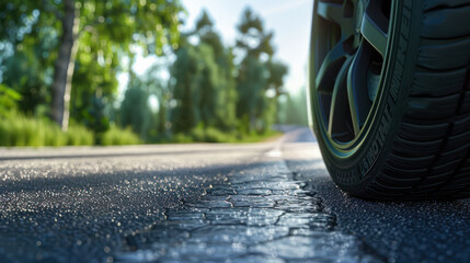 Summer tire on wet asphalt, green landscape in the background. Detail of car tires in summer on the...