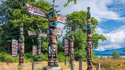 First nations totem poles, thunderbird park, vancouver island, next to the royal british columbia museum, victoria, bc