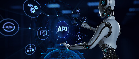 API Application programming interface apps and web development instrument concept. Robot hand pressing button on screen 3d render. - obrazy, fototapety, plakaty