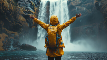 Waterfall in Iceland with girl with raised arms, travel landscape adventure.