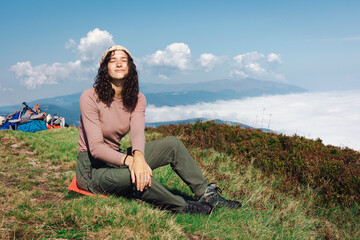 girl tourist on the background of a mountain landscape - 753073621