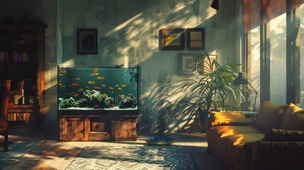 eye-level camera angle, bohemian, living room with large fish tank, fish tank is focal point, light...