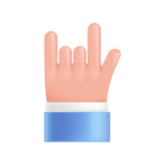 Realistic 3d plastic volumetric hand, Rock and roll gesture symbol. Vector illustration, hand in cartoon 3d plastic style, isolated on white background.